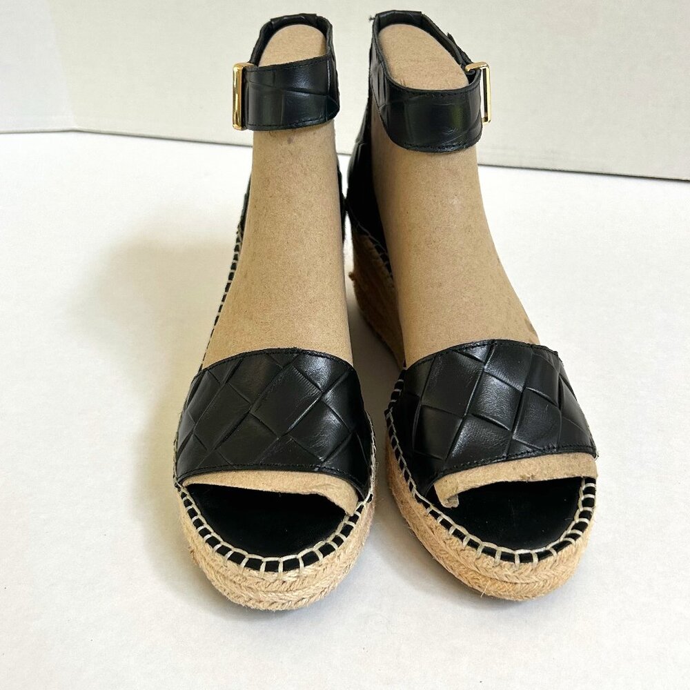 Size 11 Women's Black Leather Franco Sarto Clemens Wedge Espadrille Sandals